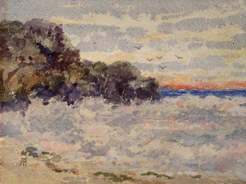 Early century watercolor coastal landscape signed small original painting