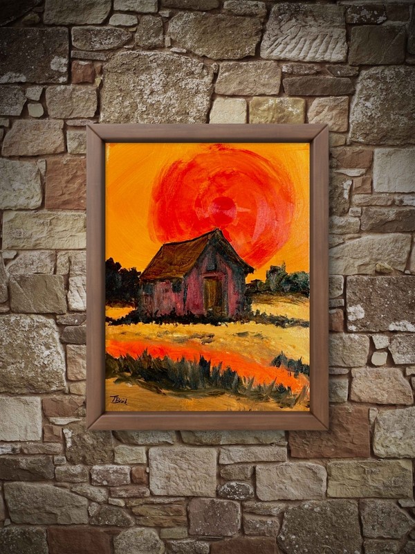 Red Sun Landscape Painting 11x14 Original Rustic Cabin Expressionist Art gallery