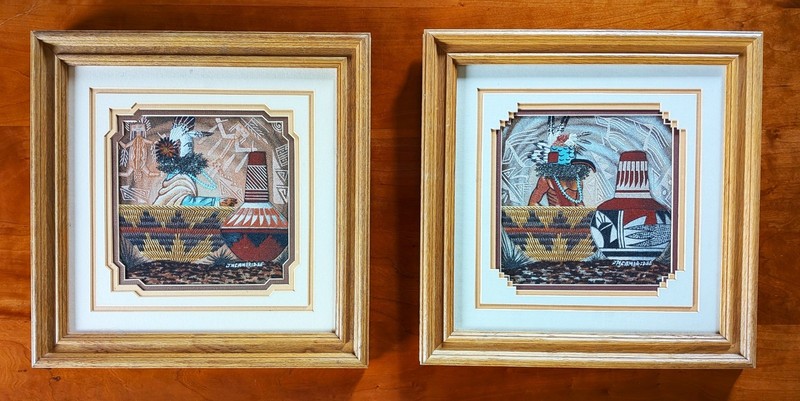 Set of Two Framed & Matted J. M. Cambridge Sand Paintings, Signed, 14.5″ x 14.5″