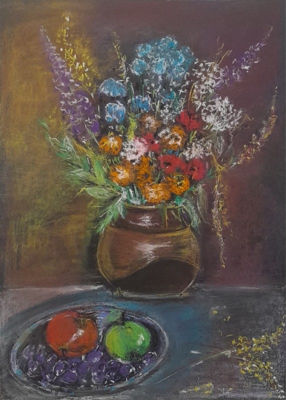 Original Floral Pastel Painting on Paper – Bouquet with Fruit – 8.3×11.4 in