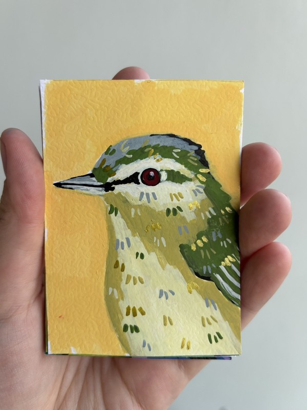 Abstract Red Eyed Vireo Bird ACEO ATC Original Acrylic Marker 2.5×3.5in