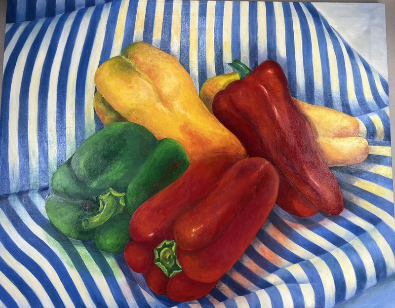 Oil on Canvas Painting Still Life Of Peppers On Table Signed Karla Runquist