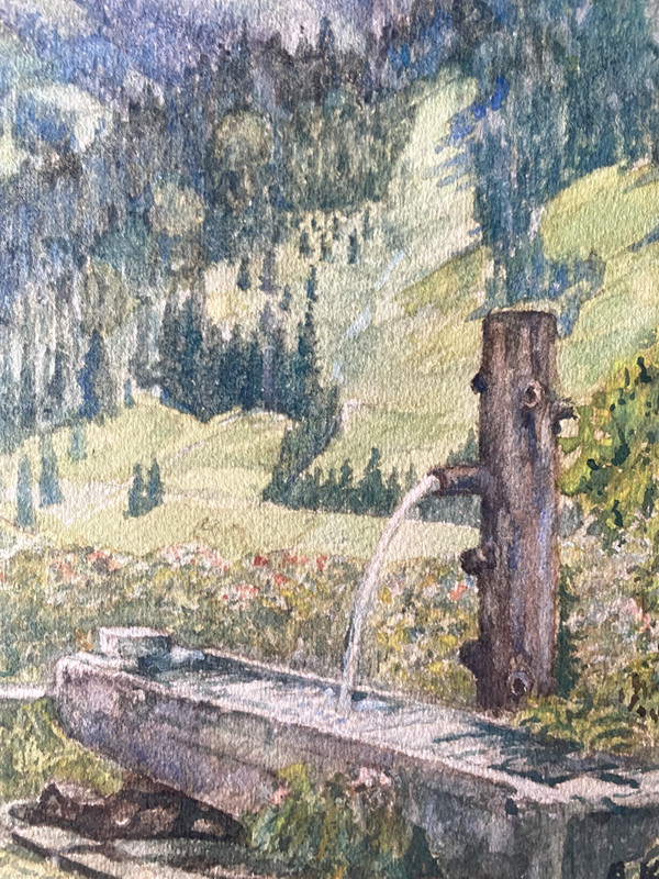 Watercolor on cardboard alpine landscape farmhouse A. Kreissel '77 vintage gallery