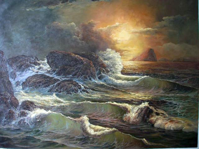 Brilliant Oil painting sunset seascape with huge ocean waves and rocks on canvas