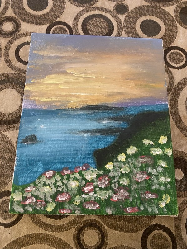 Impressionism Acrylic Landscape Painting Ocean Sunset Flowers on Canvas