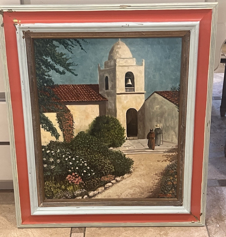 Vintage 70's Original Signed Framed Painting Spanish Mexico Mission Building gallery