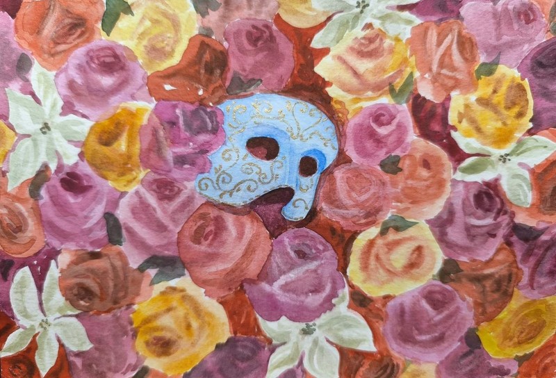 ITALY Venice MASK GOLD MASQUERADE Original Artwork Painting Flowers PINK ROSE A5 gallery