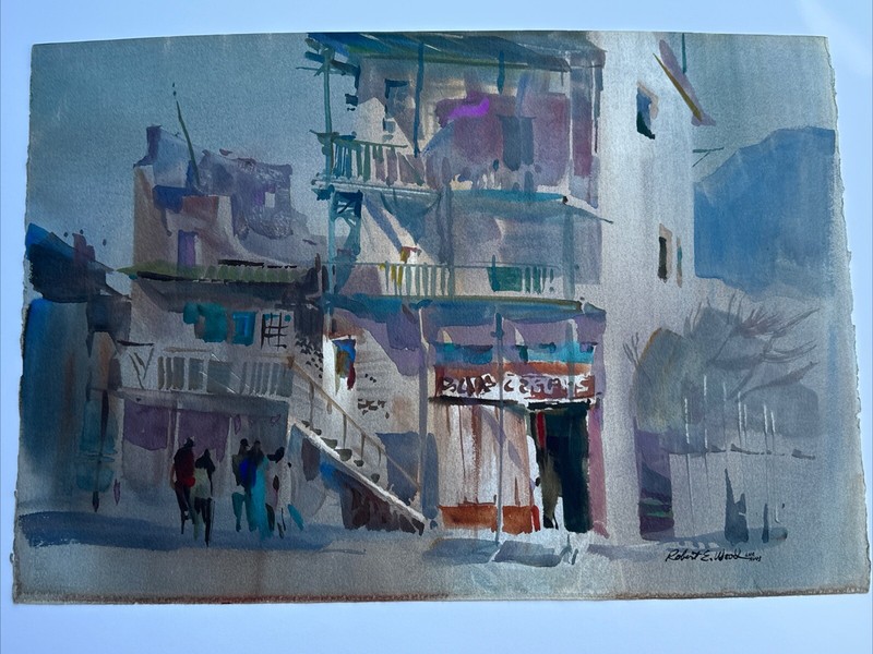 ROBERT E WOOD PAINTING REGIONALISM STREET SCENE LISTED FAMOUS ORIGINAL 22 INCHES