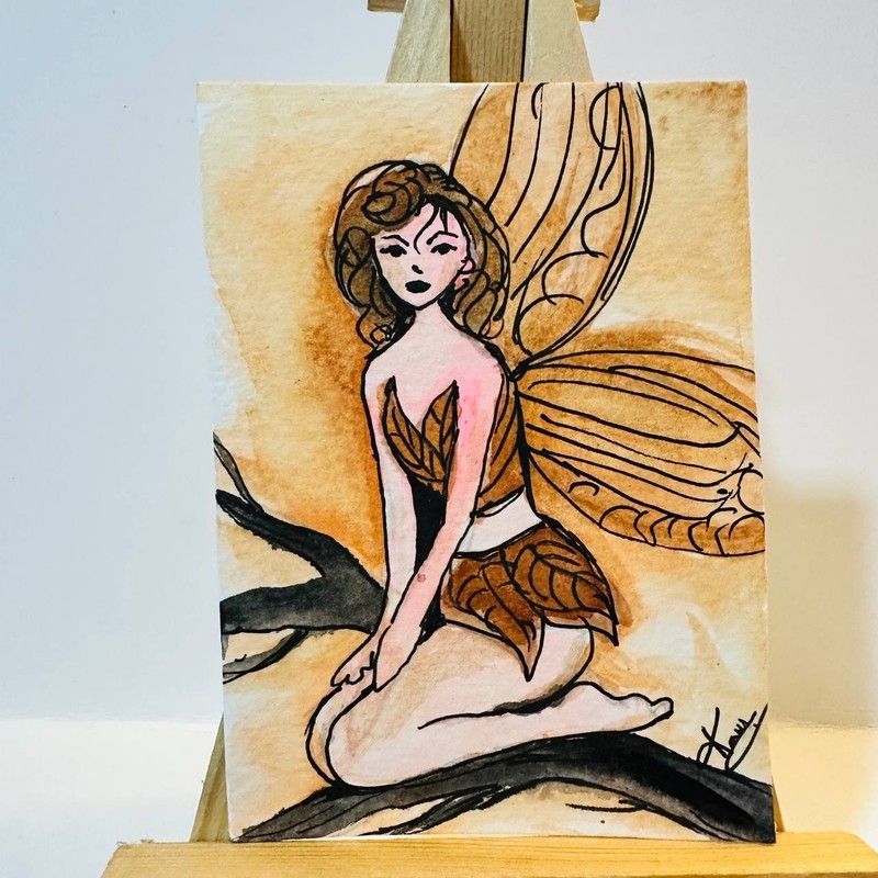 Brown Fairy Watercolor Painting Original ACEO Fantasy Girl Miniature Art OOAK gallery