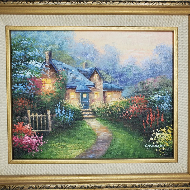 C Jaffey Framed Oil Painting Plein Air Summer Cottage 8×10 Signed Vintage Pretty