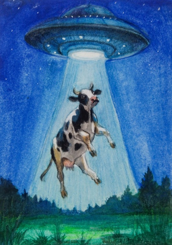 Original ACEO Watercolor UFO Cow Abduction Alien Miniature Sci Fi