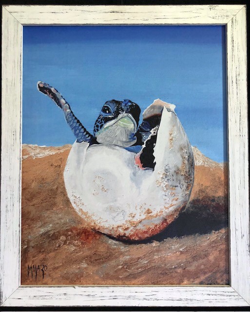 acrylic embellished paintings by artist on canvas, framed, baby turtle, 16 x 20″