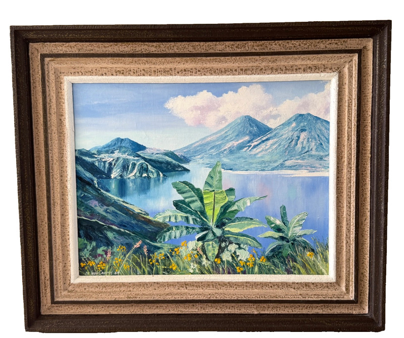 Guatemalan Artist Carlos De Leon Campos 1983 Lake Atitlan Oil on Canvas Painting