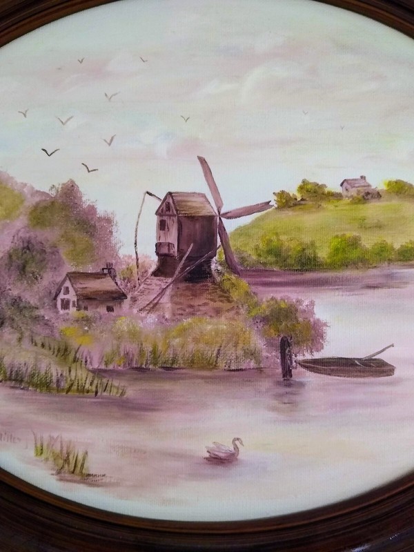 M Miller Signed Acrylic Painting Windmill Country Lake Scene 17"x 14" Oval Frame gallery