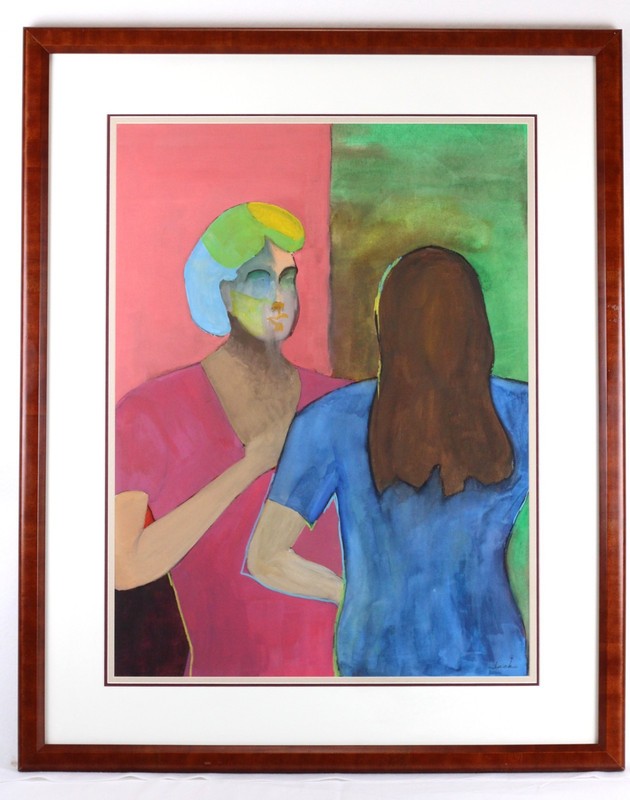 Mid Century Abstract Figural «Two Women» Pastel Painting On Paper Signed Jack