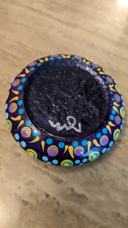 Mandala Stone,Hand Painted Dot Art,Decor Blue & Yellow, Signed By The Artist 3"D gallery