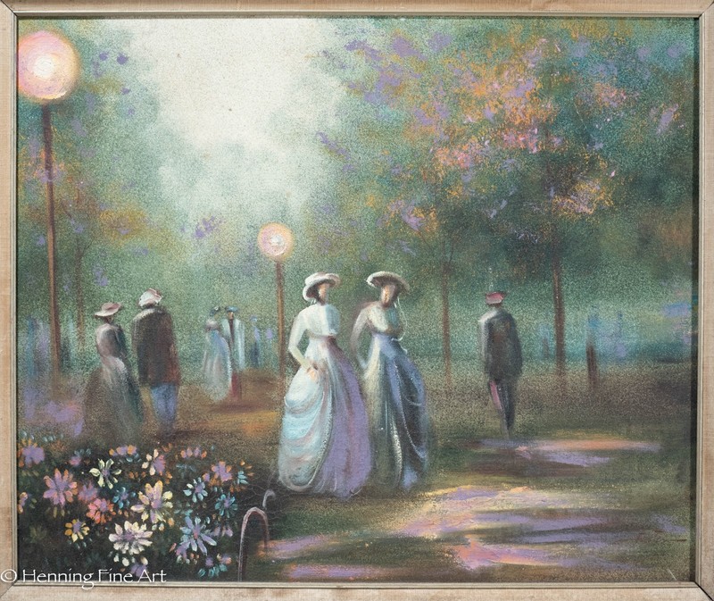 Vintage Impressionist Oil Painting of 19th Century French Garden Landscape 27x31 gallery