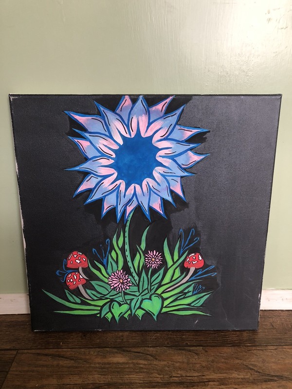 Mushroom Flower Painting 14×14” Canvas, Bojo Hippie Festival Colorful Art