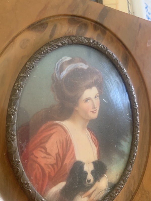 Antique Tortoise Frame 1800s Lady W/ Spaniel Dog Painting Panel 4 5/8”Wx5 5/8”T gallery