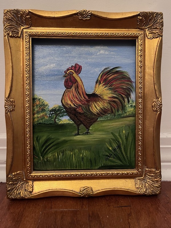 ACRYLIC ROOSTER PASTURE GOLD ORNATE FRAME 10×12 SIGNED ORIGINAL