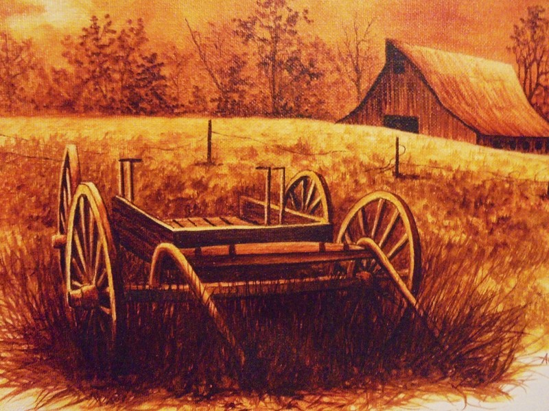 COUNTRY WAGON IN PASTURE... BARN IN BACKGROUND...FRAMED & SIGNED BY AGUIRRE gallery