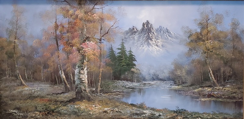 Vintage Large Joy of Painting Landscape Oil Painting Framed 53″x29″ CAMPBELL