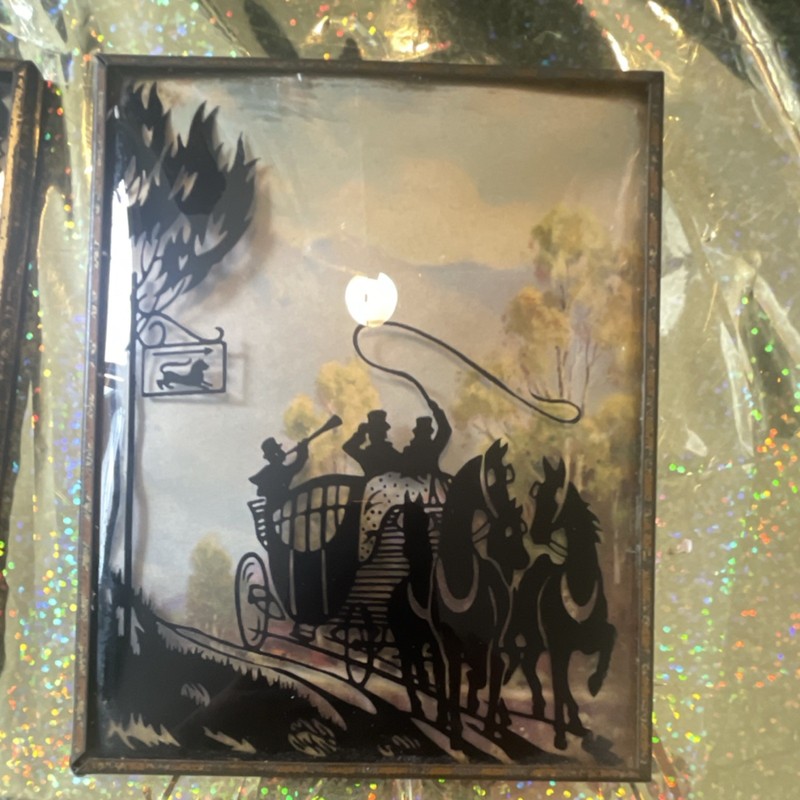 Framed Silhouette Art Painting Carriage Horses People Tree Small Glass Paper
