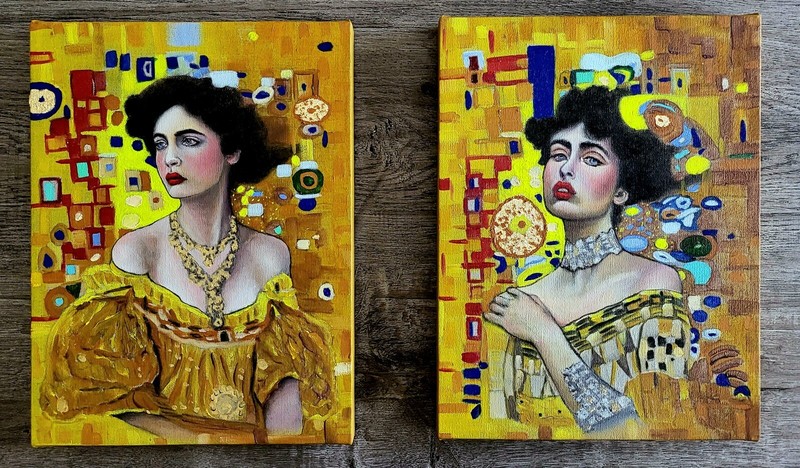 Flappers in Full Bloom, Two Paintings Canvas Small Yellow Orange Colorful Art