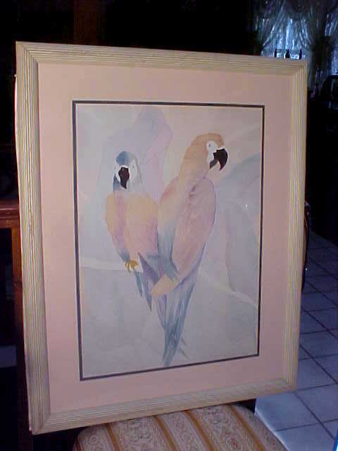 Vintage ORIGINAL Framed WATER COLOR PAINTING Macaw Parrots Birds PASTEL COLORS!