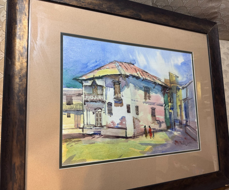 Natu 2000 «Village Landscape With Figures» Watercolor Painting – Signed/Framed