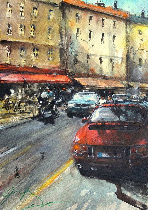 ORIGINAL PAINTING WATERCOLOR ITALY CITY SCENE SPRING STREET CITYSCAPE 12 x 8.5in