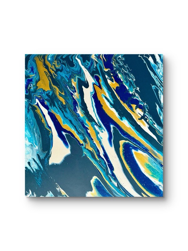 Original 24x24 Abstract Acrylic Pour Painting Teal Blue Yellow Modern Wall Art gallery