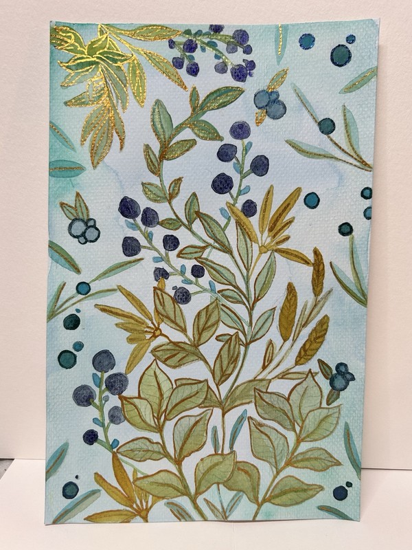 Watercolor Painting Botanical Flowers Leaves Floral Art Shimmer Gold Berries