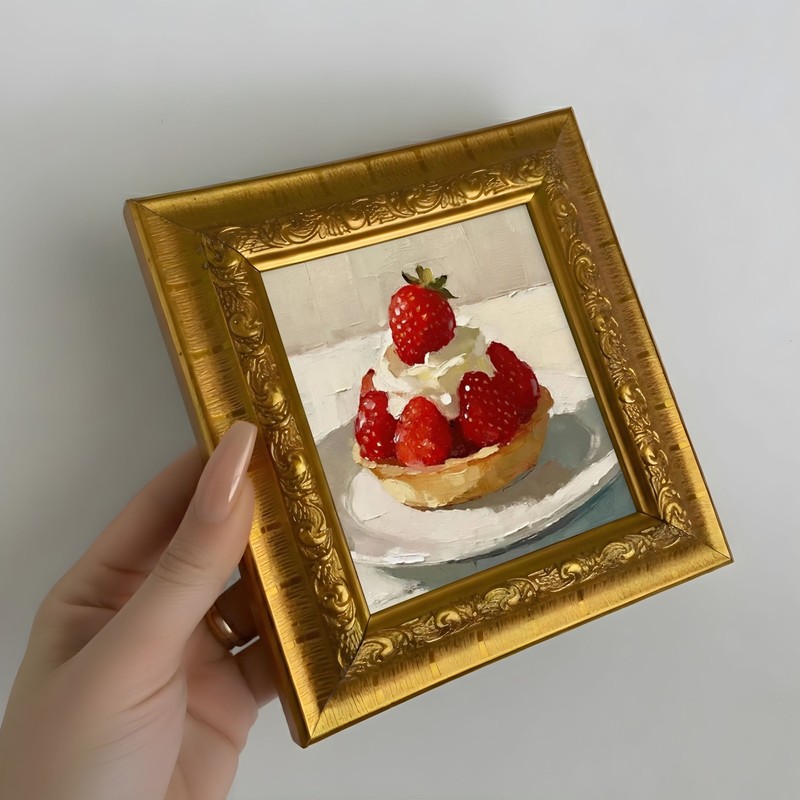 Mini Strawberry Tart Oil Painting, Still Life Dessert Wall Art, Fruit Wall Decor gallery