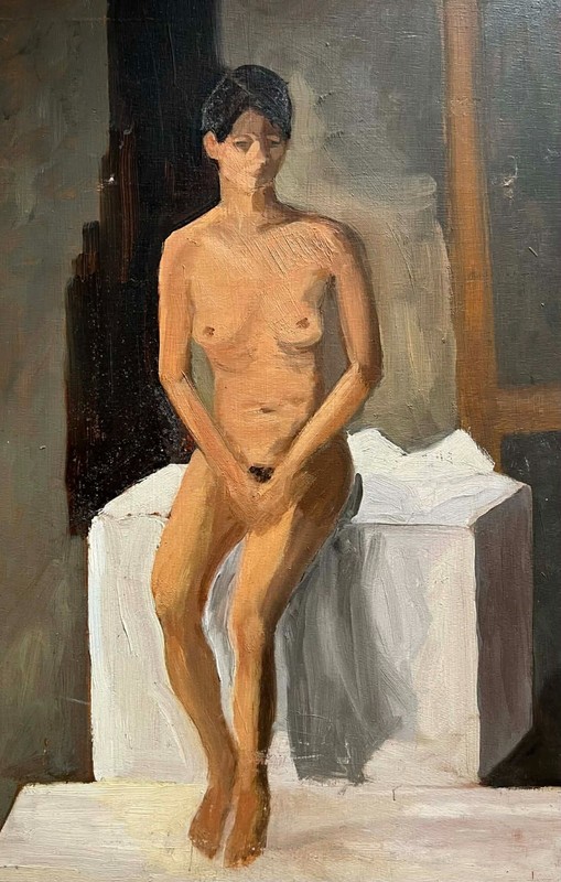 ARTIST UNKNOWN AUSTRALIAN UNSIGNED OIL "SEATED FEMALE STUDIO MODEL NUDE" 1990 gallery
