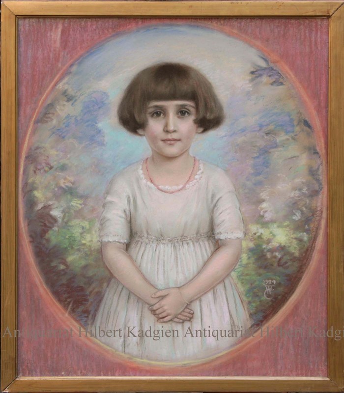 «Portrait of Lieselotte Wieck» Monogrammed Pastel Picture from 1924 Frame Glass