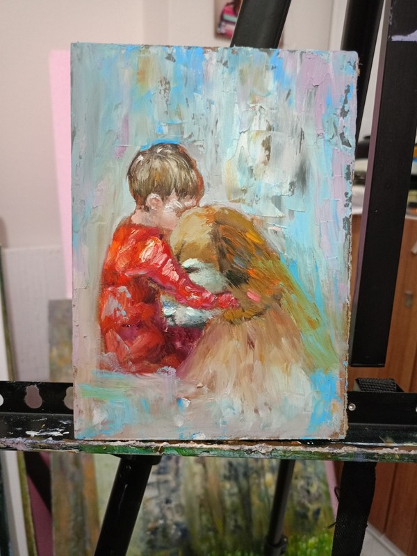 Original Oil Painting Kid with Dog 5x7" Small Pet Art Child & Dog Unframed gallery