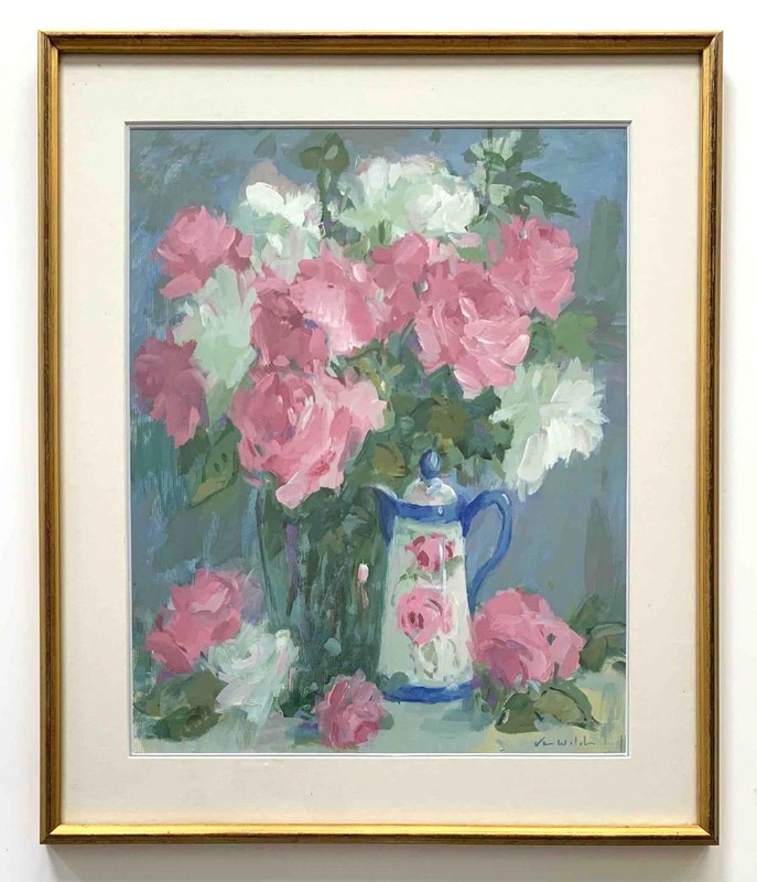 Van Waldron – California Impressionist – Pink & White Roses -Original Painting