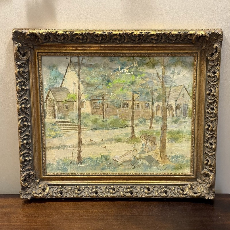 William Benecke Mid Century Oil Painting Children at Church 22” x 26”