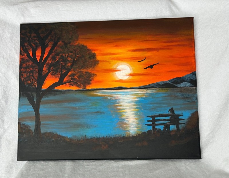 Hand-Painted Acrylic Artwork – Tutorial-Inspired Sunset Scene