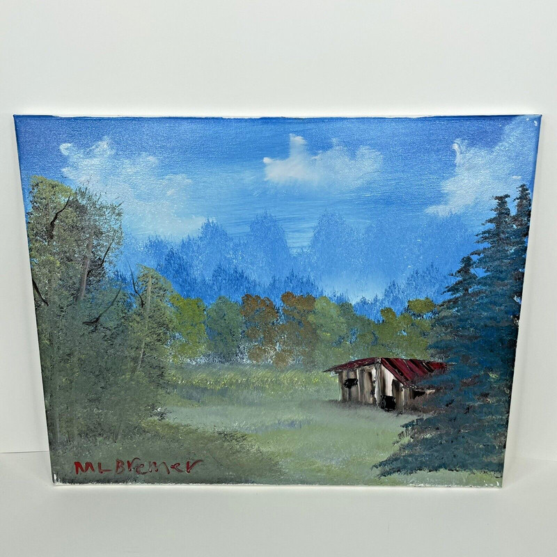 Oil on Canvas Painting Signed Student Art 16 x 20 Cabin in a Wooded Clearing
