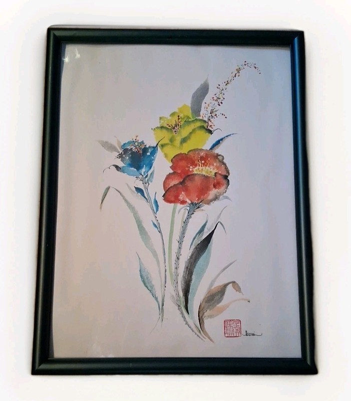 Vintage Chinese Sume-I Art Framed 3 Color Flowers Signed, Red Chop Stamp 11x14"