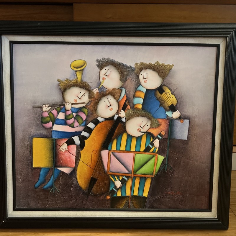 J. Roybal Original Canvas Oil Painting Five Children Musicians Framed and Signed