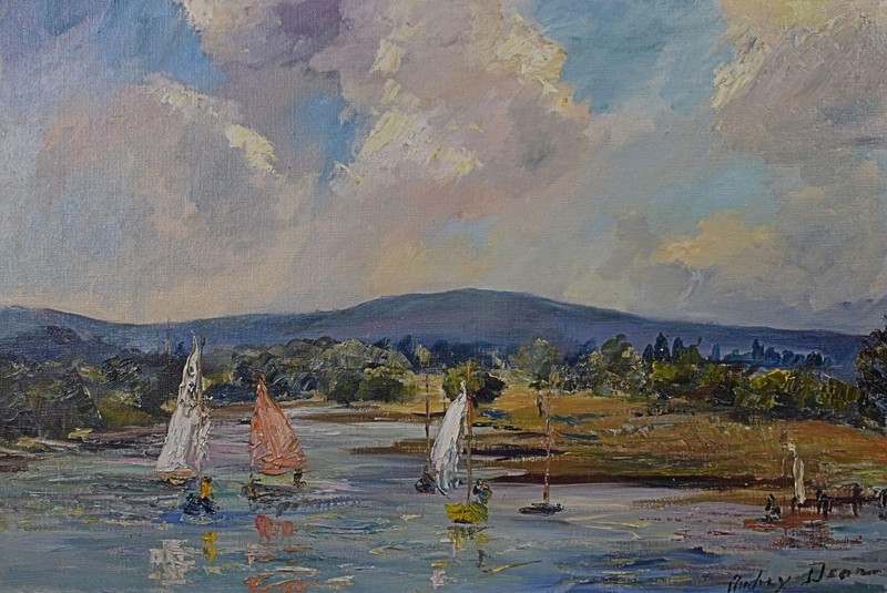Audrey Dean Oil Painting c1970s Yachts On A Lake British West Country