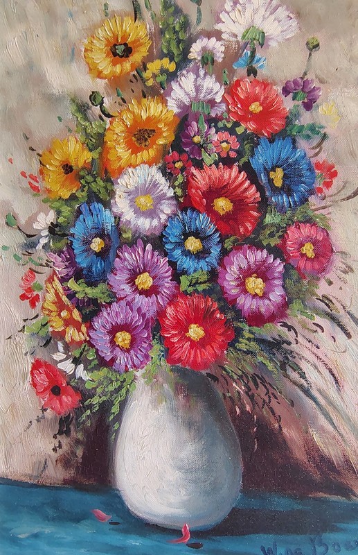 FLOWERS 🩵🧡💛 OIL PAINTING Original Signed ART VINTAGE 1960s Mid-Century Framed gallery