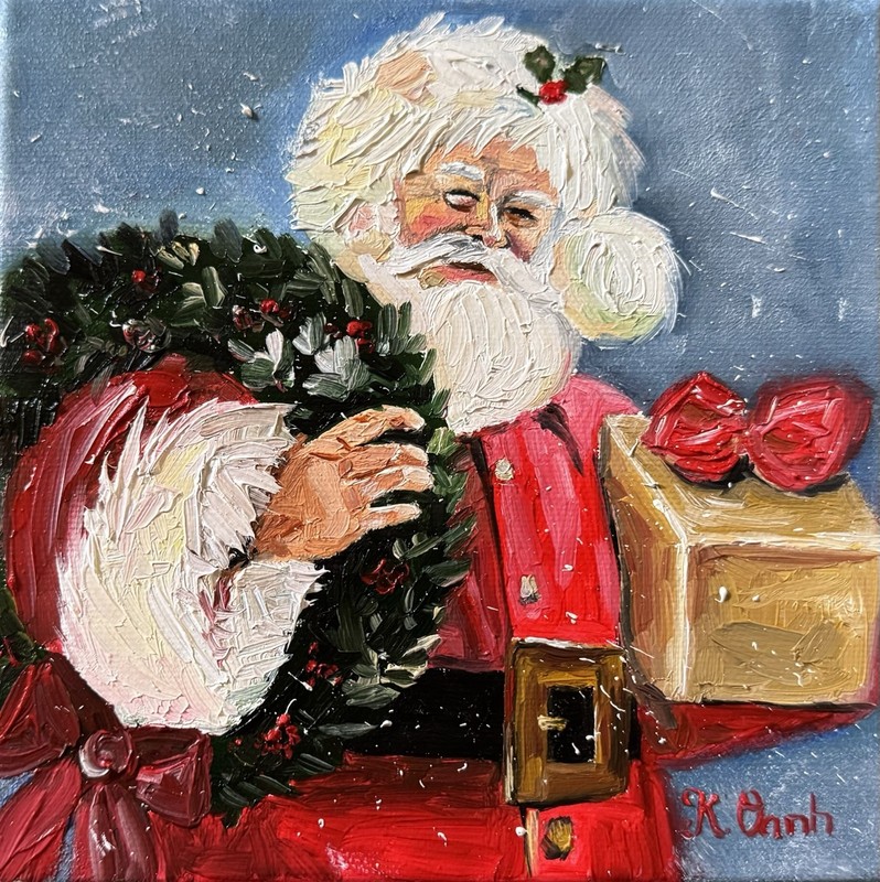 ORIGINAL OIL PAINTING SANTA CLAUSE CHRISTMAS WINTER ON STRETCH CANVAS SIGNED 6×6