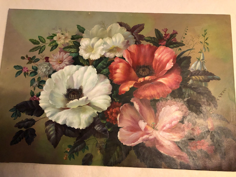Vintage oil on canvas floral oil painting signed Durrance 24 in. x 36 in. gallery