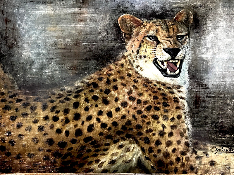 VINTAGE OIL PAINTING OF CHEETAH FROM 1960TH WITHOUT STRETCHER & FRAME.