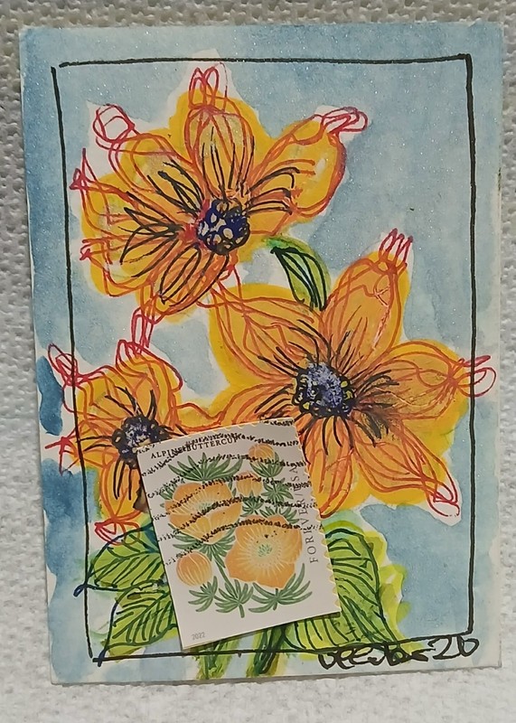 Postal Whimsy ACEO OOAK – Alpine Buttercup Forever Stamp Floral Scribble Doodle