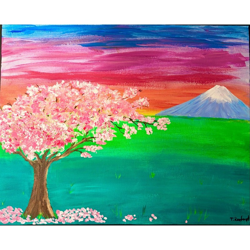 Hand painted acrylic original painting cherry blossom tree Mount Fuji Japan